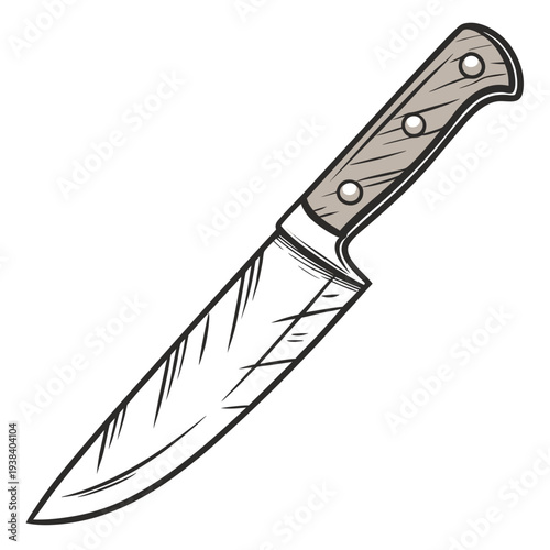 A sharp chef's knife with a wooden handle and a serrated edge Vector