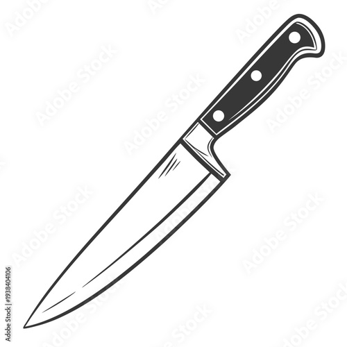 A sharp chef's knife with a black handle and a blade with a pointed tip. Vector