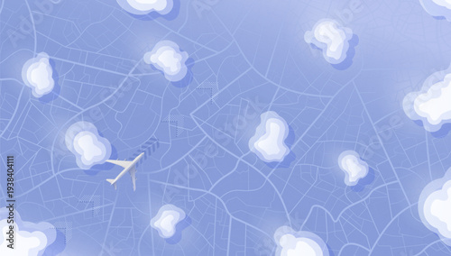 Aerial View of Airplane Flying Over City with Clouds