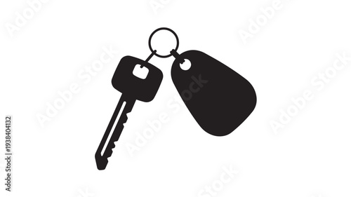 Key with blank tag on a ring, black silhouette icon for access, security, and ownership featuring empty, keyring, unlock with open and lock elements