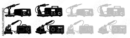 Soldering iron stations with power units in black silhouette on white background