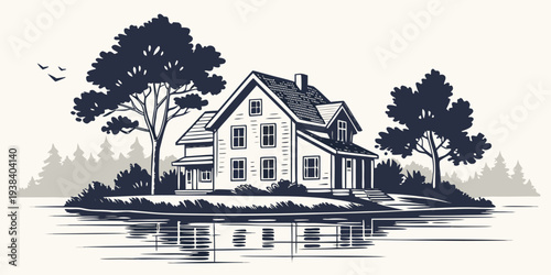 A charming countryside house nestled among lush trees and rolling hills Vector