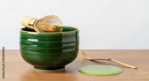 Green Tea Ceremony Essentials on Wooden Table