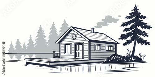 A charming log cabin nestled in a serene, snow-covered forest landscape. Vector