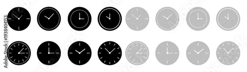 Collection of analog clocks showing different times, some in black and others in gray outline.
