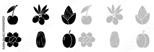 Collection of stylized fruit and nut icons in black and white.