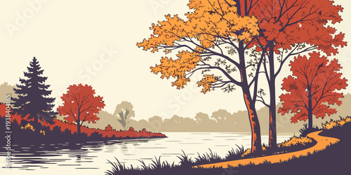 A serene autumn landscape with vibrant orange trees and a calm river Vector