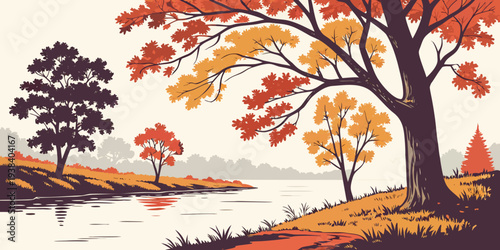 A serene autumn landscape with vibrant red trees reflecting on a calm lake Vector