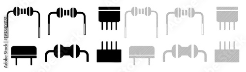 Set of electronic component icons, including resistors and integrated circuits, in black and gray.