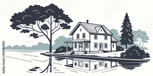 A picturesque house nestled in a serene landscape with lush greenery Vector