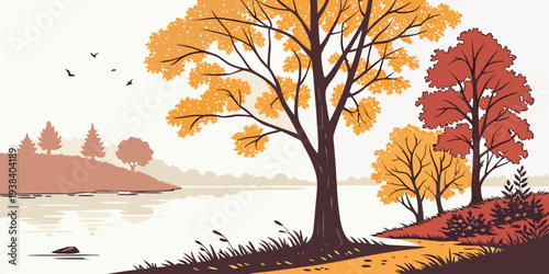 Vibrant autumn landscape with colorful trees and distant mountains Vector