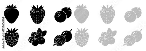 Collection of stylized berry icons including strawberries, raspberries, blueberries, and gooseberries.