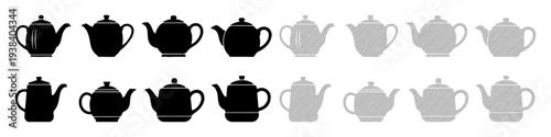 Collection of black and gray teapots arranged in two rows, representing a gradient or progression.