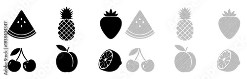 Collection of simple fruit icons in black and gray