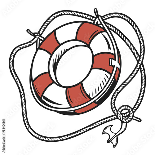 A life preserver ring with a rope attached to it, ready for rescue operations. Vector