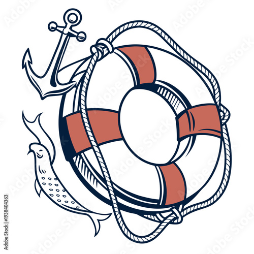 A life preserver ring with an anchor and rope design, symbolizing safety and rescue at sea. Vector