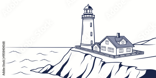 A picturesque lighthouse standing tall on a rocky cliff overlooking the vast ocean. Vector