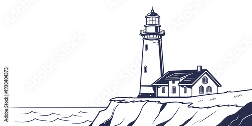 A serene lighthouse standing tall on a rocky shore with waves crashing nearby Vector