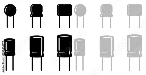 Collection of electronic components, including capacitors and thermistors, in various shapes and sizes