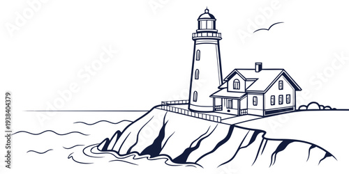 A serene lighthouse standing tall on a rocky cliff overlooking the vast ocean Vector