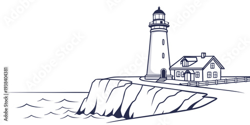 A serene lighthouse standing tall on a rocky cliff overlooking the vast ocean. Vector