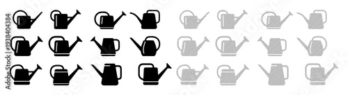 Array of black and gray watering cans in rows, symbolizing gardening tools and care