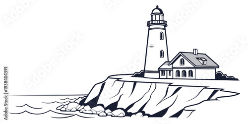 A lone lighthouse stands tall on a rocky cliff overlooking the vast ocean Vector
