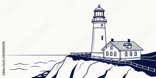 A picturesque lighthouse standing tall on a rocky cliff overlooking the vast ocean Vector