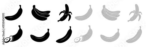 Collection of stylized banana icons in black and gray, showcasing various forms and states.