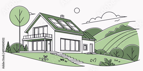 A charming house with a sloped roof nestled in a picturesque countryside landscape Vector