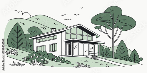 A serene countryside house surrounded by lush greenery and tall trees Vector