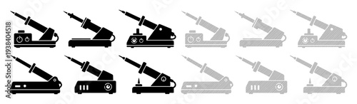 Collection of soldering iron icons in black and grey, showing different models and states.