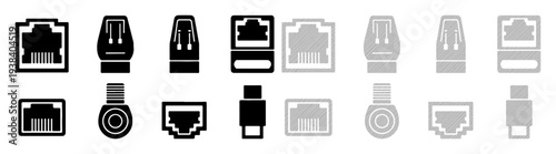 Collection of network and USB connectors, some in black and some in grey outline
