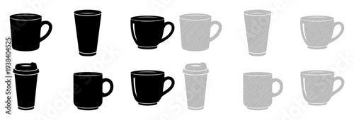 Collection of black and grey coffee mugs and cups on white background