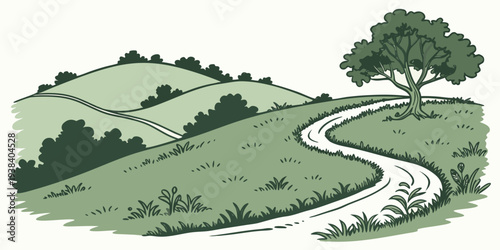A picturesque landscape with a winding road and lush greenery. Vector