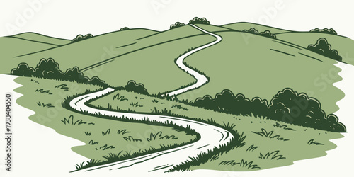 A picturesque winding road through a lush green countryside landscape Vector