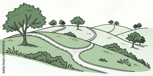 A serene landscape with winding paths and lush greenery Vector