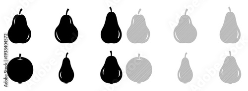 Black and white silhouettes of pears and an apple arranged in rows on a white background.