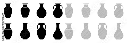 Collection of classic amphorae and vases in black and grey silhouettes