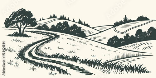 A serene countryside landscape with rolling hills and a winding road Vector