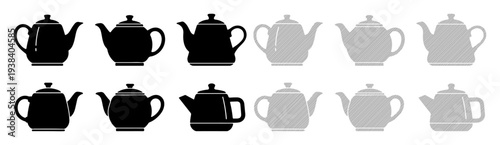 Collection of black and grey teapots arranged in rows on a white background.
