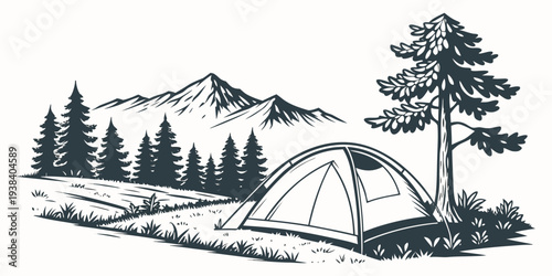 A serene campsite nestled in a forest with majestic mountains in the background Vector