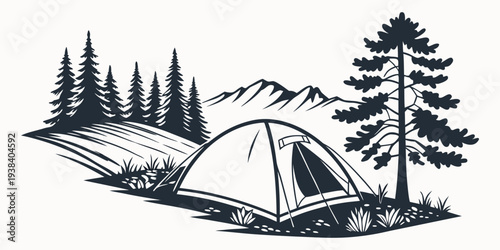 A serene campsite nestled in a forest with two tents and a campfire Vector