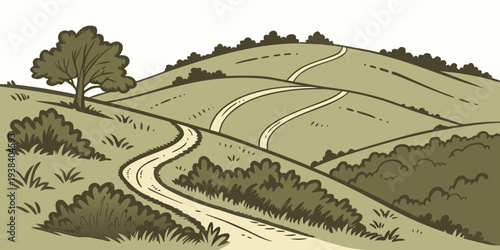 A picturesque landscape featuring winding trails and lush green hills. Vector