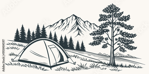 A serene campsite nestled in the heart of a majestic mountain range Vector