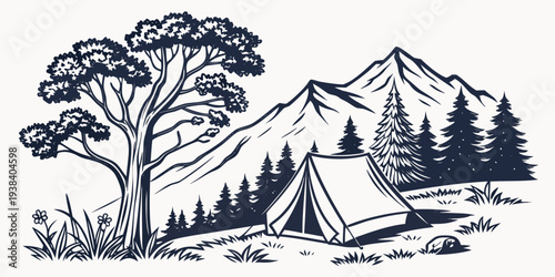 A serene landscape with trees, mountains, and a small cabin nestled in the forest. Vector