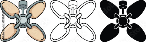 Ceiling fan silhouette & Outline and illustration set isolated on transparent background