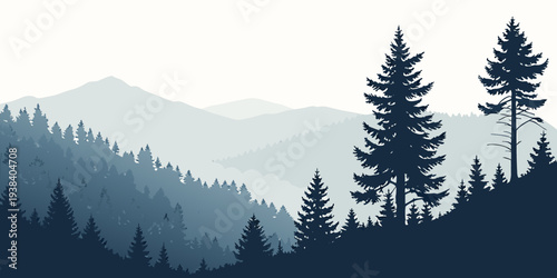 Majestic mountain landscape with dense forest and misty valleys Vector