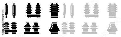 Collection of electrical insulators in black and gray on a white background