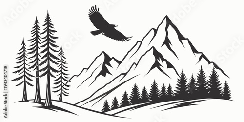 A majestic eagle soaring over a serene mountain landscape with dense pine forest Vector